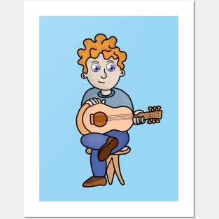 A boy with curly hair playing the guitar Posters and Art